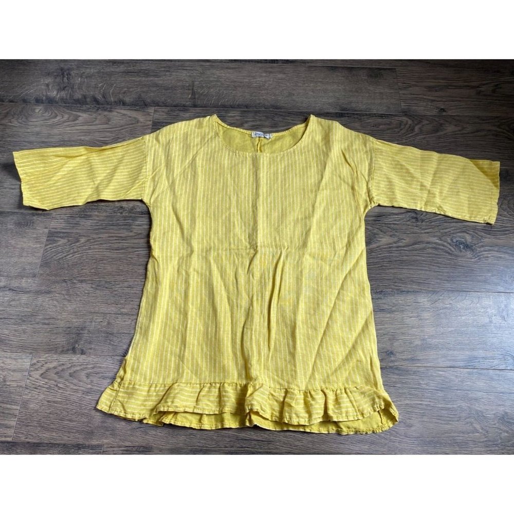 EUC Womens‎ LUNGO L'ARNO italy yellow ruffle tunic 3/4 sleeve 100% linen size L